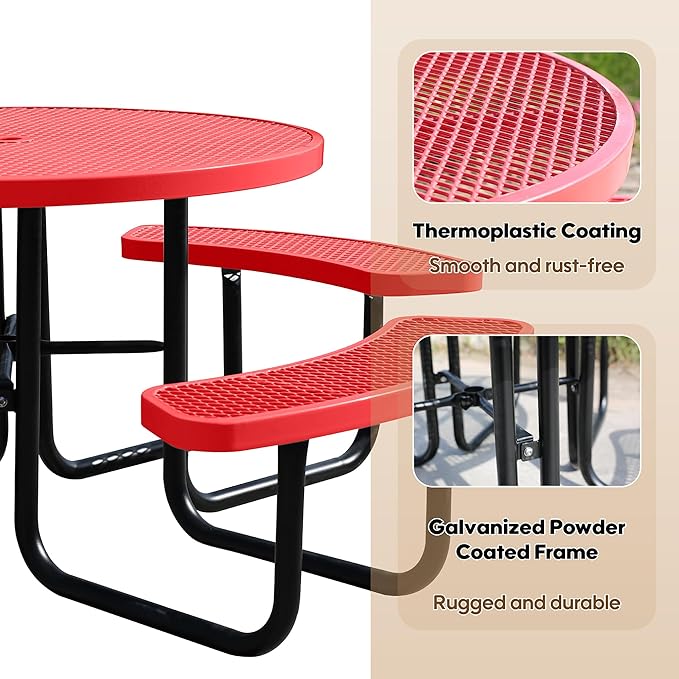 Sunnibety 8-Person Picnic Tables for Outdoors, Industrial 46" Expanded Metal Round Picnic Table with 4 Benches & Umbrella Hole, Outside Table and Bench Set for Park, Garden, Backyard, Patio, Red