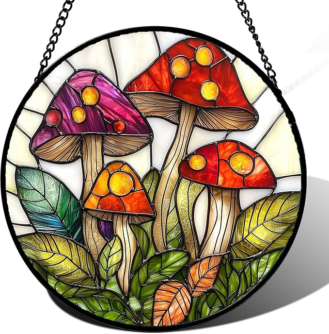 DASTOLL Stained Glass Window Hanging, Mushroom Leaves Suncatcher for Doors Home Sun Catchers Decoration and Christmas, Mother's Day Birthday Gifts for Women, Men, and Mom 14.9x14.9 in