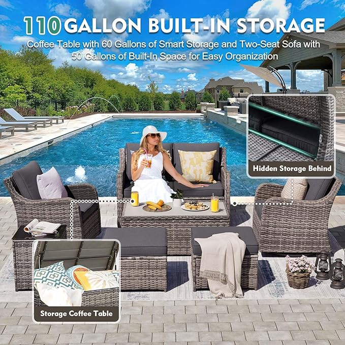 MEISSALIVVE Outdoor Patio Furniture Set with Swivel Chairs, 7 Pieces Wicker Rattan Sofa Couch with Loveseat, Patio Conversation Set with Rocker Patio Chair, 2 Ottomans and Coffee Table (Grey)