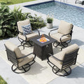 MFSTUDIO 5 Pieces Patio Conversation Sets, Outdoor Metal Furniture Sofas with 1 x 28 50,000 BTU Square Propane Fire Table and 4 x Wrought Iron Frame Swivel Chairs with Beige Cushion