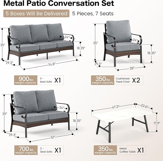 SUNSHINE VALLEY 5 Piece Metal Outdoor Patio Furniture Set, Patio Conversation Set with 1 3-Seater Sofa, 2 Fixed Sofa with 5.75" Thick Cushion & Coffee Table, Black & Gray Backyard Furniture