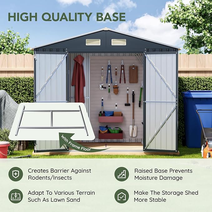 6x8FT Outdoor Metal Storage Shed with Floor Frame,Double Door, 1 Clear Window, Tool Shed for Garden, Patio, Backyard