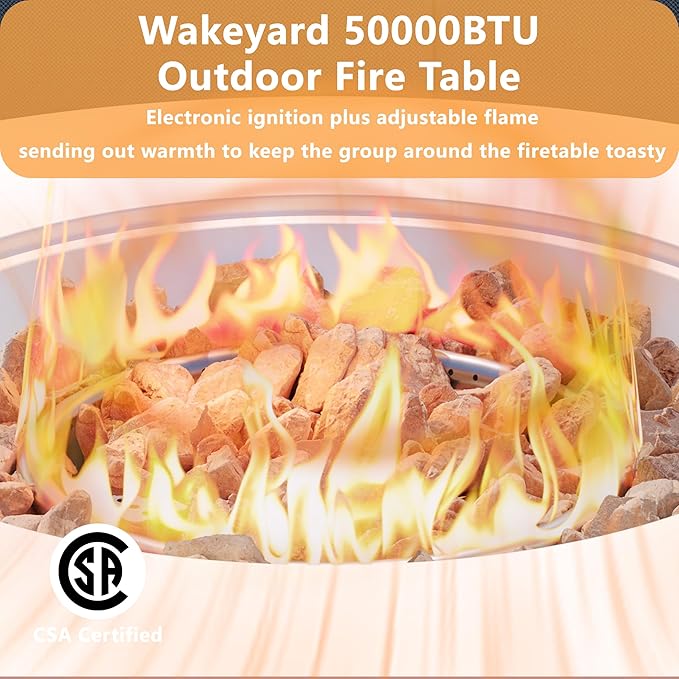 32 inch Round Propane Fire Table, 50,000 BTU Gas FirePit, Patio Fire Pit Table with Steel Lid, Rain Cover, 10ft Propane Hose, Lava Rocks, White