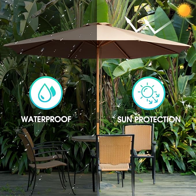 9ft Bamboo Umbrella, Outdoor Patio Umbrella, Waterproof Market Umbrella, 8 Ribs Table Umbrella with Pulley Lift for Garden, Deck, Pool, lawn, Backyard