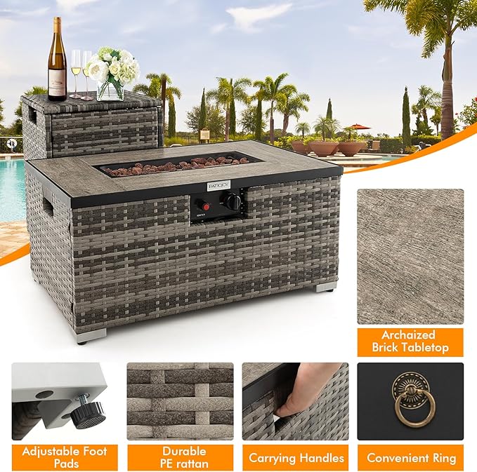 Tangkula 2 Piece Outdoor Propane Fire Pit Table Set with Hideaway Propane Tank Holder, 40,000 BTU Rattan Wicker Fire Pit Table with Lava Rocks, Waterproof Cover, Ideal for Backyard, Patio (Mix Grey)
