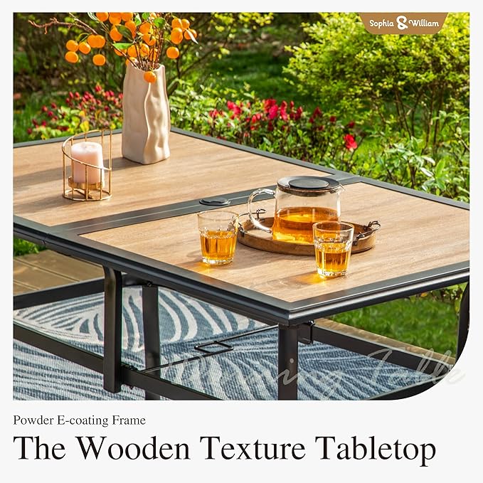 Sophia & William Outdoor Table, Rectangular Patio Table for 6, Large Patio Dining Table with Faux Wood Tabletop and Metal Steel Frame, Outdoor Dining Table with 1.6"-2" Adjustable Umbrella Hole