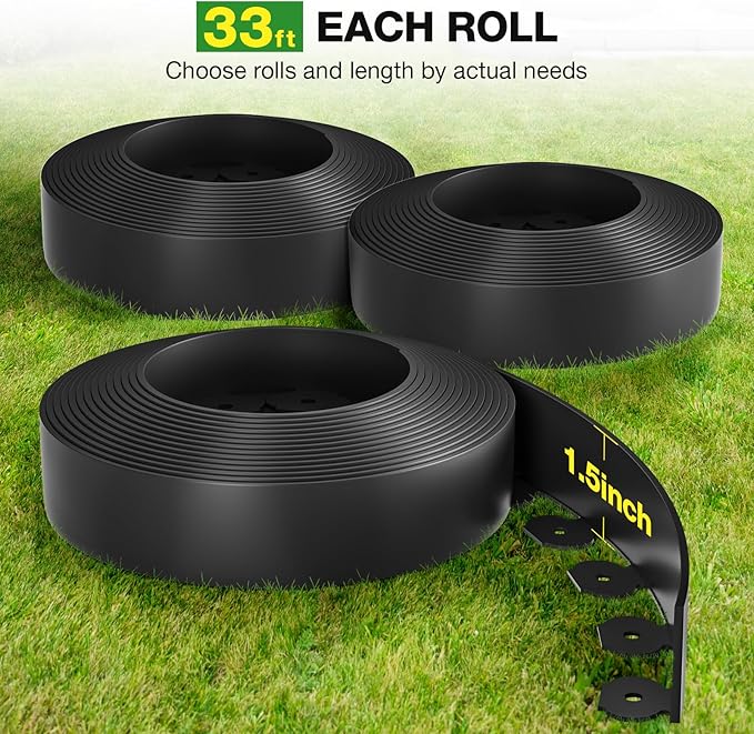 MIXC 33ft, 1.5in Tall Landscape Edging Kit with 50 Spikes, No-Dig Flexible Plastic Edge Border for Landscaping, Lawn, Garden, Flower Beds, Yard, Paver, Playground, Fence, Pathway, Black,1pack,33ft