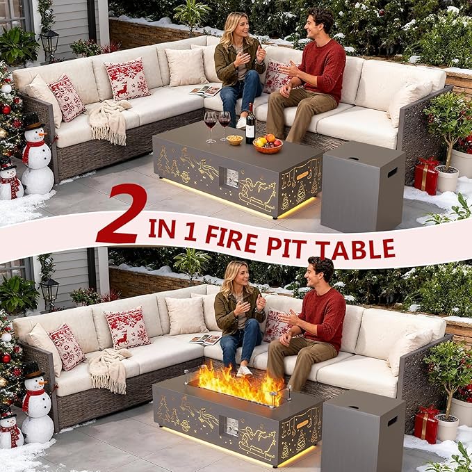 Dineli Propane Fire Pit Table 42 Inch Gas Fire Pits & Outdoor Fireplaces w LED, Tabletop Fire Pit Firepits for Outside Patio, 50,000 BTU (Gray, Christmas Pattern with Warmlight)