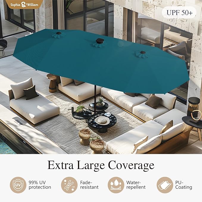 Sophia & William 13ft Outdoor Patio Umbrella with Solar Lights, Large Double-sided Umbrella with LED Lights, Perfect for Garden, Deck, Pool, Cyan Blue