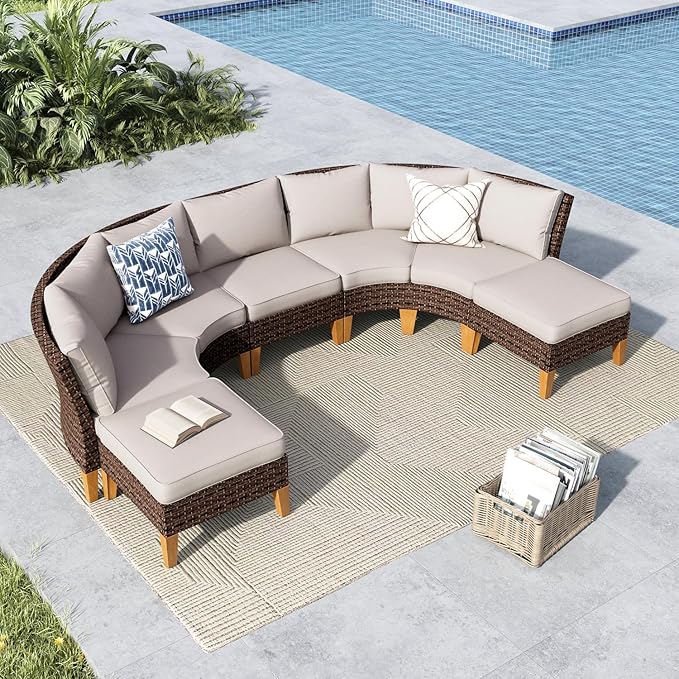 MFSTUDIO 7 Pieces Wicker Patio Furniture Set, All-Weather Rattan Outdoor Conversation Half-Moon Curved Sectional Sofa Set for Garden, 4 x Curved Sofa, 1 x Armless Couch, 2 x Ottomans