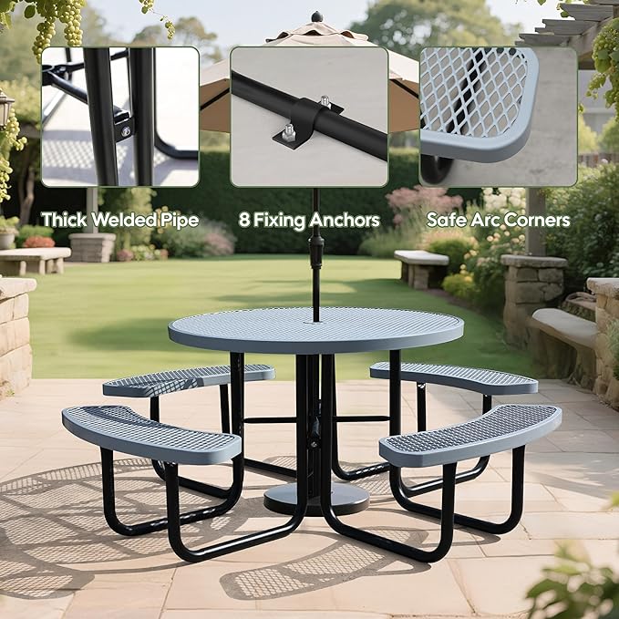 Sunnibety 8-Person Picnic Tables for Outdoors, Industrial 46" Expanded Metal Round Picnic Table with 4 Benches & Umbrella Hole, Outside Table and Bench Set for Park, Garden, Backyard, Patio, Grey