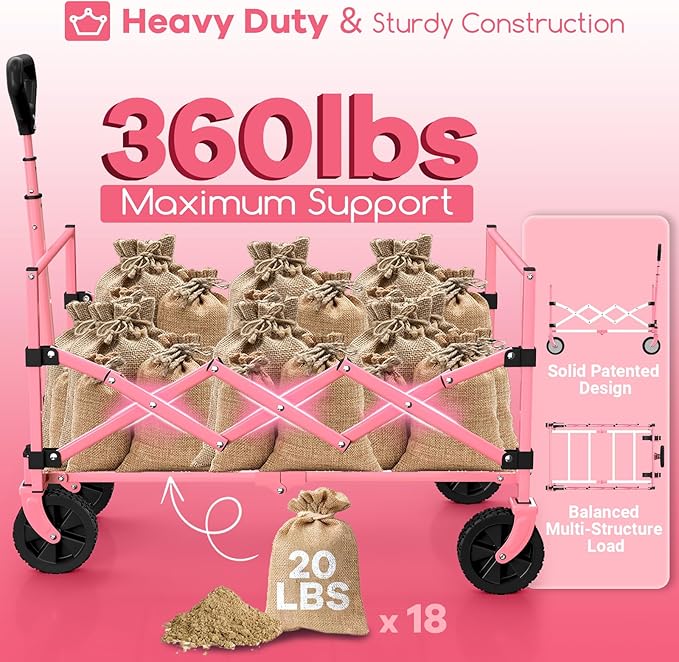 Collapsible Wagon Cart Foldable - Lightweight Portable Heavy Duty Folding Beach Wagons with Wheels - Outdoor Utility Carts for Grocery, Camping, Shopping with Large Capacity - Pink