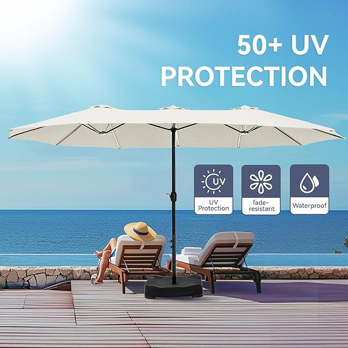GREEN PARTY 15 ft Rectangle Patio Umbrella with Base Included, Double-Sided Table Umbrella with Crank, Large Outdoor Umbrellas for Patio Poolside Garden Backyard, Ivory