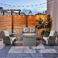 HUMMUH Patio Furniture Set with Fire Pit Table 5-Piece Wicker Outdoor Swivel Rocker Patio Chairs Loveseat Conversation Set for Porch, Backyard, Deck