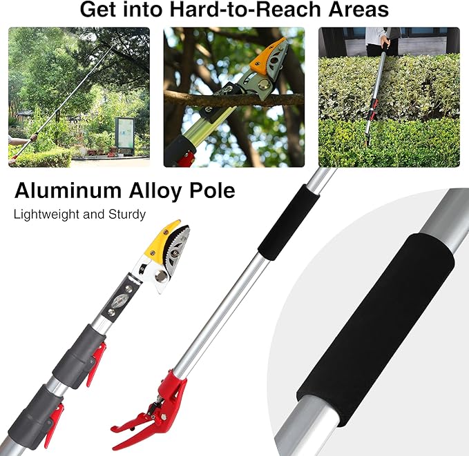 Lineslife Extendable Tree Pruner,Pole Pruner Pruning Shear, Telescopic Long Handle Tree Trimmer with Cut & Hold Bypass Clippers, Lightweight Adjustable Fruit Picker for Tree Branch Cutter