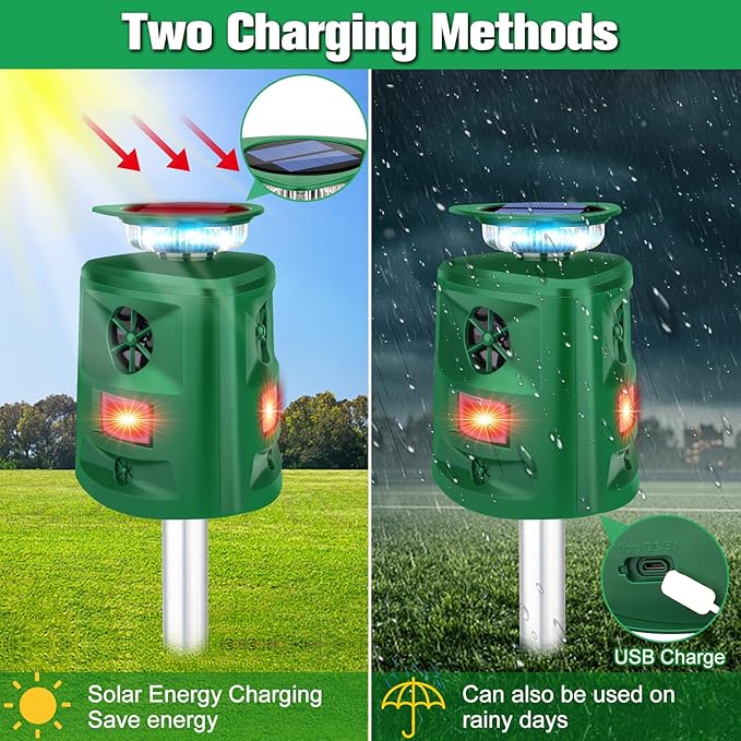 Deer Repellent Device Ultrasonic Solar Animal Repeller,360 ° Squirrel Repeller Outdoor with Motion Sensor & Flashing Light,Racoon Repellent Outdoor Repel Fox Rabbit Squirrel Raccoon Skunk-Dark Green