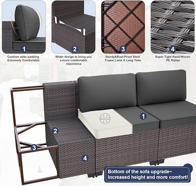 Kurapika 15 Pieces Patio Furniture Set, Rattan Wicker Outdoor Conversation Sets w/43in Propane Fire Pit Table and 4 Inch Cushion(Grey)