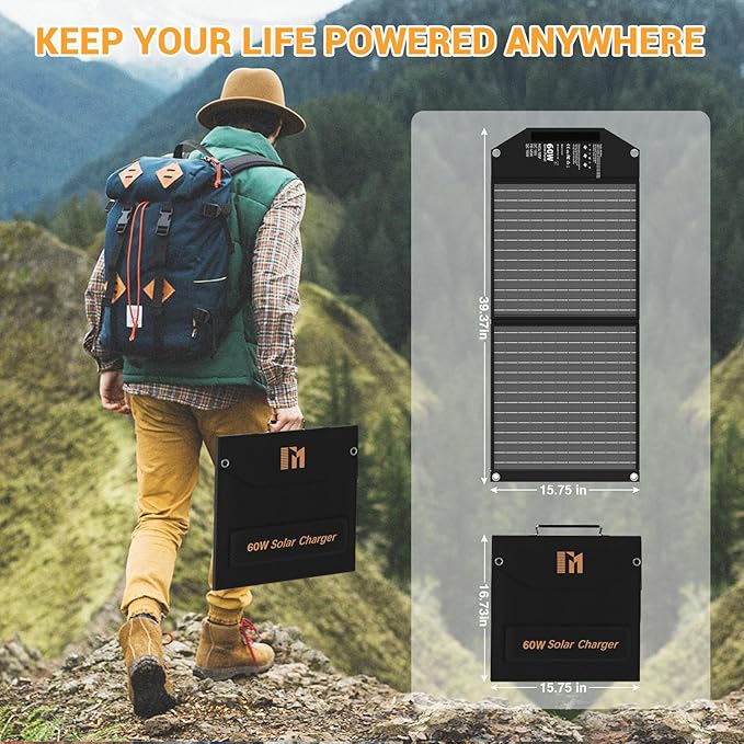 60W Portable Foldable Solar Panels Chargers with PD3.0 PD45W USB-C QC3.0 USB-A 18V DC MC4 Outputs for Camping Backpacking RV Trip Fast Charging for Small Power Station Generator Cell Phone Power Bank