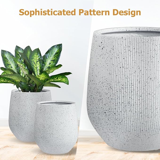 16.5"H x 15"D Ribbed Corso Fiberstone Round Planter - Christmas Tree Planter, Weather Resistant for Indoor & Outdoor Use, Included 2 Extra Coco Mats (Ribbed Speckled White,11.5" Pot Opening)