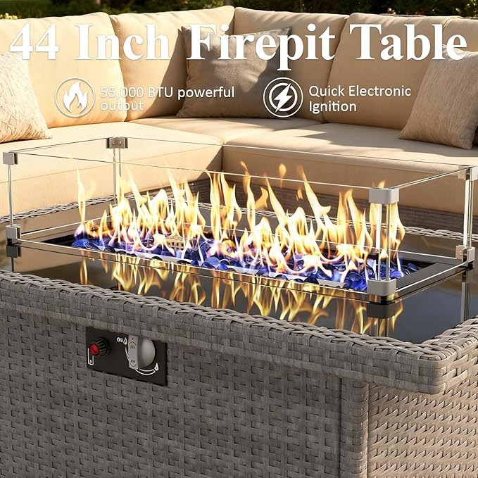 Propane Fire Pit Table, 44" Outdoor Gas Fire Pit with Glass Wind Guard & Waterproof Cover