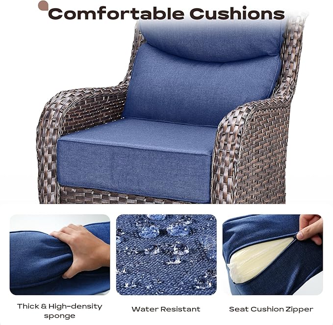 Rilyson Wicker Outdoor Patio Furniture Set - 4 Piece Patio Conversation Set with Swivel Rocker Chairs and Ottomans, 6 inch Cushions, High Back, Deep Seating, for Porch Deck Garden Brown/Blue