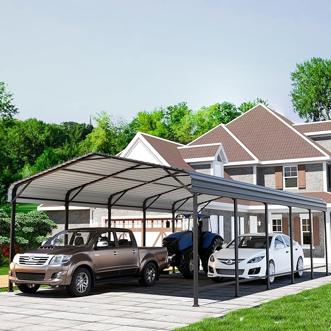 EBE 13' x 25' Metal Carport, Outdoor Steel Carport Canopy with Galvanized Steel Frame and Roof, Heavy Duty Garage Shelter Shade for Cars, Boats, and Truck