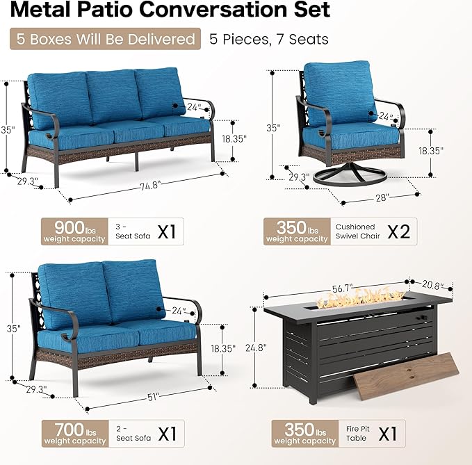 SUNSHINE VALLEY 5 Piece Metal Outdoor Patio Furniture Set with Firepit Table, Patio Conversation Sets 1 3-Seater Sofa, 1 2-Seater Loveseat, 2 Swivel Chair with 5.75" Cushion for Backyard Deck, Blue-2