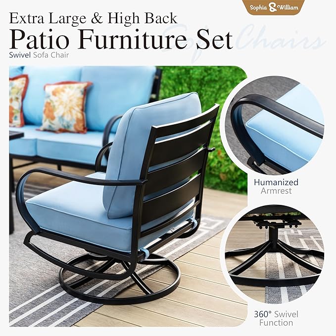 Sophia & William Patio Furniture Sets for 7 Outdoor Conversation Set 7 Pcs with 2 x Swivel Sofa Chairs, 2 x Armrest Chairs, 1 x 3-Seat Sofa, 2 x Ottomans for Coffee Garden Backyard Poolside Blue