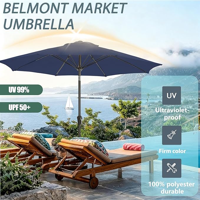 9FT Large Outdoor Patio Umbrella Market Table Umbrella-UV Resistant, Easy Push Button Tilt and Crank, 8 Sturdy Ribs Heavy-Duty Pool Umbrella for Deck, Backyard,Garden,Navy