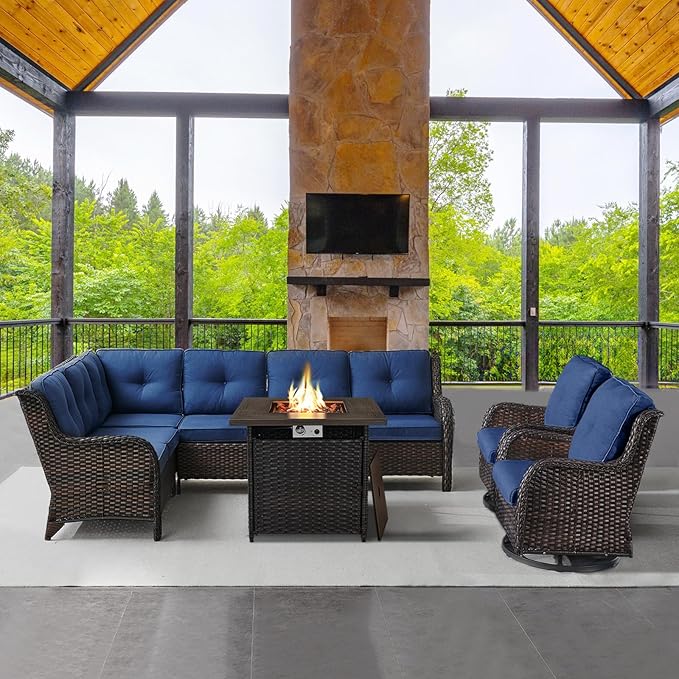 Belord Outdoor Sectional Furniture Sofa Set with Propane Fire Pit Table, Wicker Patio Conversation Set with 2 Swivel Rocker Glider Chairs Blue Cushion Perfect for Backyard Casual Gathering