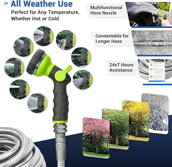 75 FT Stainless Steel Garden Hose – Heavy Duty 304 Metal Hose, 500+ PSI Burst Strength, No-Kink, Dog Bite & Puncture Resistant, Swivel-End Fittings, 8-Mode Nozzle for Large Gardens, Outdoor Use