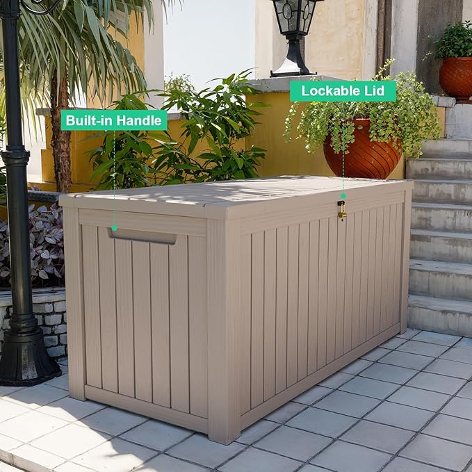 200 Gallon Outdoor Deck Box,Storage Lockable Waterproof Patio Furniture,Garden Tools,Cushions,Pool Accessories Outside Storage Resin Box(Grey)