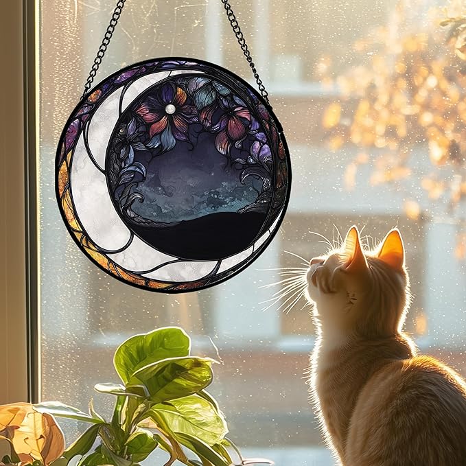 JOSUMALY Stained Glass Window Hanging - Black and White Moon Sun Catcher for Door Terrace Garden Home Decor, Abstract Plant Flower Suncatcher Birthday Gifts for Lovers Women Men Dad Mom Nana 6.3 in