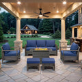 6 Piece Outdoor Patio Furniture Set with Propane Fire Pit Table, Wicker Patio Conversation Set with2 Patio Wicker Chairs Rattan Sofa and Removable 4" Thick Cushions for Deck Backyard