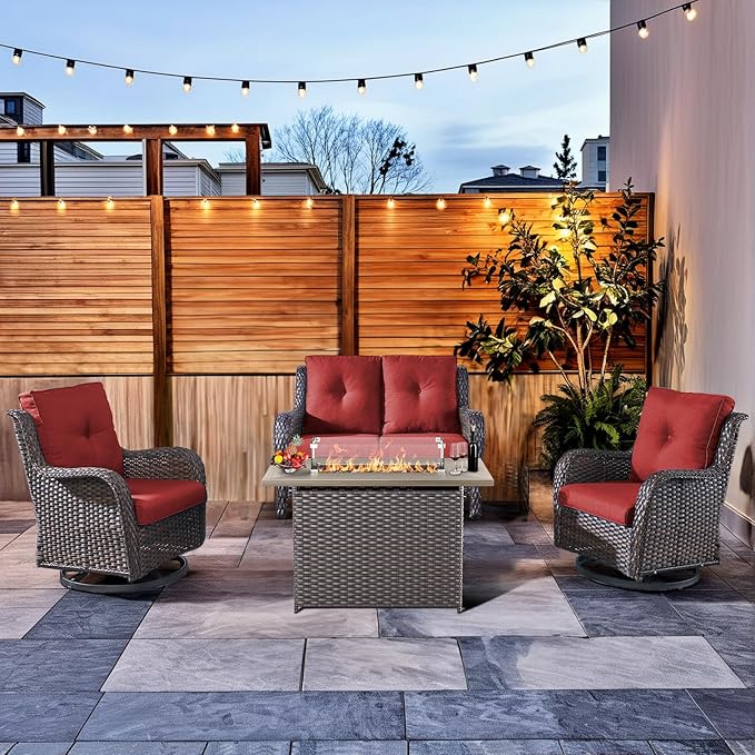 HUMMUH 4-Piece Patio Furniture Set with Fire Pit Table Wicker Outdoor Swivel Rocker Patio Chairs High Back Loveseat Conversation Set for Porch, Backyard, Deck