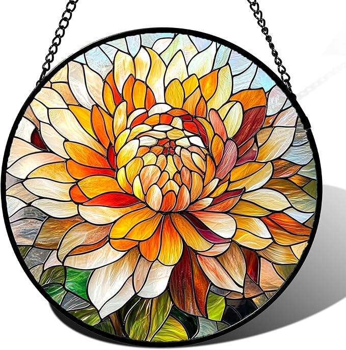 CRISGIF Stained Glass Window Hanging - Chrysanthemum Suncatcher for Doors Garden Patio Birth Flowers Sun Catchers Decor Christmas Mother's Day Birthday Gifts for Women Men Mom Nana Friend 7.8 in