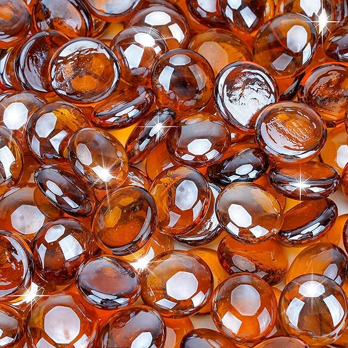 onlyfire 10 Pounds Fire Glass Beads for Propane Fire Pit and Gas Fireplace, 1/2 Inch Round Firepit Glass Rocks Flat Marbles for Fire Pit Table, Caramel