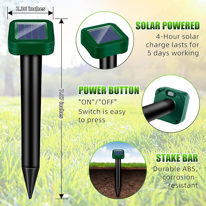 8 Pack Mole Repellent Solar Powered, Rodent Repellent Outdoor Ultrasonic, Waterproof Pest Deterrent for Yard, Lawn, Garden - Drives Away Rodent, Voles, Skunk, Groundhogs, Snake, Chipmunks, Raccoons
