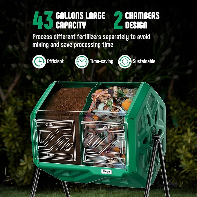 Werph 43 Gallon Compost Bin with Gloves, Fast Assembly & Easy Setup Outdoor Compost Tumbler, Updated Dual Chamber Tumbling Composter for Garden, Kitchen, and Yard Waste, Green