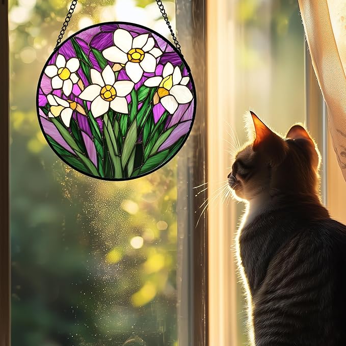 AMDERVEN Stained Glass Window Hanging 4 Pcs Set Tulips Plum Flower Daffodils Hyacinths 7.8" - Suncatcher Door Garden Sun Catcher Decor Birthday Mother's Day for Mom Woman Nana
