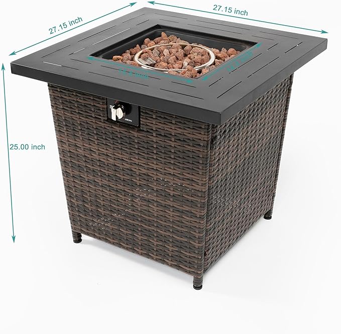 28" Propane Gas Fire Pit Table, 50000 BTU Square Steel Fire Pit with Beautiful Wicker Base for Outside Patio Deck Garden Backyard-Black