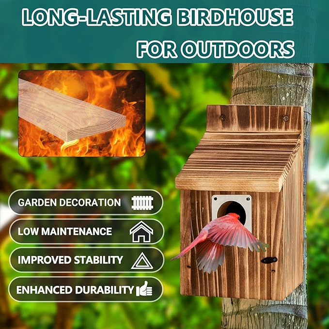2 Pack Bird Houses for Outside with Metal Predator Guard for Bluebird Wren Swallow Finch-Carbonized Wooden Nesting Boxes for Outdoor Sturdy Bird House,Easy to Clean,No Assembly Needed
