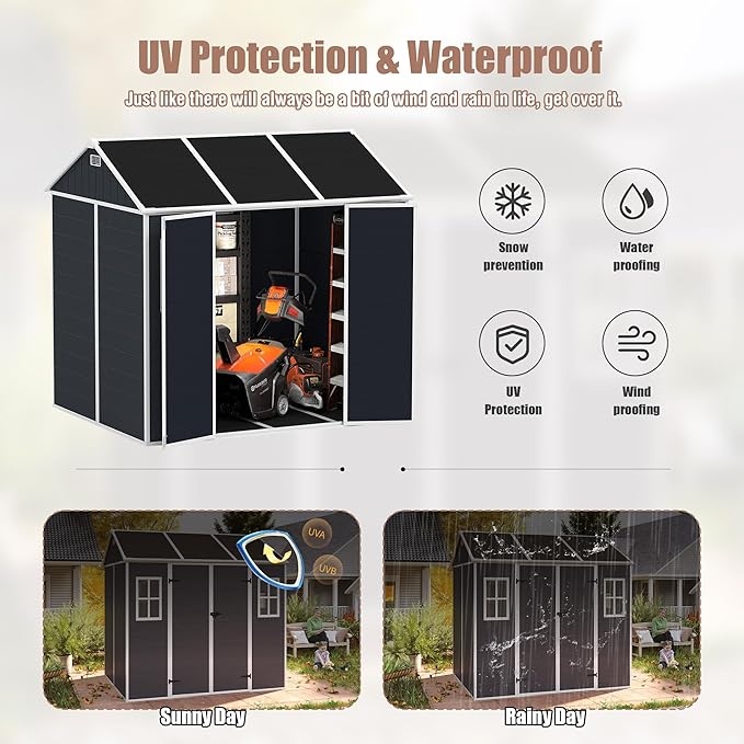 Outdoor Storage Shed 7.5x7 FT, Resin Shed with Floor & Window, Lockable Door, Vents, Outside Sheds & Garden Shed for Patio Furniture, Gardening Tools, Pool Equipment (Dark Gray, 7.5x7ft)