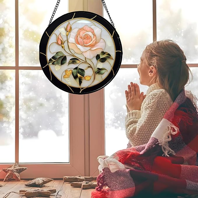 AMDERVEN Stained Glass Window Hanging - Black White Pink Rose Sun Catcher for Door Home Decor Flower Suncatcher Christmas Mother's Day Birthday Gifts for Women Men Lovers Mom Nana 11.8 in