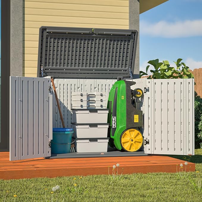 Outdoor Storage Shed Horizontal Plastic Shed W/Lockable Cabinet,Weather Resistance Foldable House W/Sloped Roof & Dual-Locking Mechanism,28 Cu.ft Garden Tool House for Backyards,Patio,White
