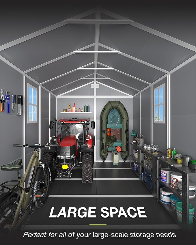 Amopatio 10x8 FT Storage Shed, Resin Shed with Floor Included, Plastic Sheds Outdoor Storage for Bike, Garden Tools, Sheds & Outdoor Storage with Lockable Door, Window & Vents, Grey & White