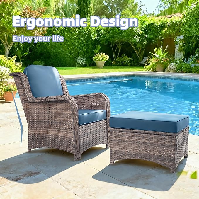 2 Pcs High Back Wicker Patio Chair Set with Ottoman, Outdoor Porch Chair with Thick Cushion for Balcony Deck Yard and Porch, Peacock Blue