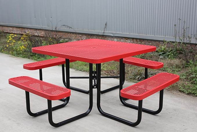 46Inch Square Picnic Table for 8 Person, Outdoor Heavy Duty Sturdy Picnic Tables with 4 Benches & Umbrella Hole, Commercial Metal Patio Picnic Table for Garden, BBQ, Coffee Store, Party, Porch (Red)