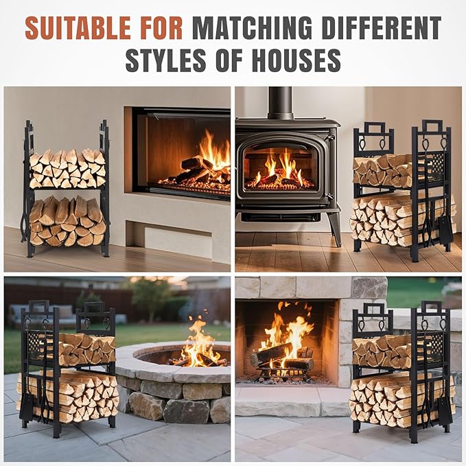 INNO STAGE Firewood Rack Fireplce Firepit Tools Set Double Layer Iron Wood Log Holder for Fire Place Outdoor Indoor Accessories-Brush, Shovel, Tong, Hook
