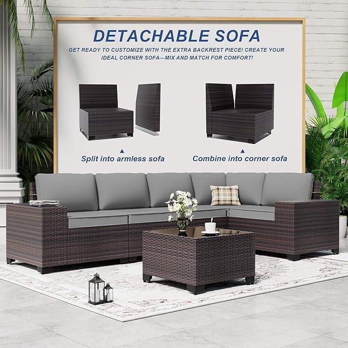 Outdoor Patio Furniture Set with Gas Fire Pit Table, 7 Pieces Patio Furniture Set Outdoor Sectional Sofa w/43in Propane Fire Pit, PE Wicker Rattan Patio Conversation Sets -Grey